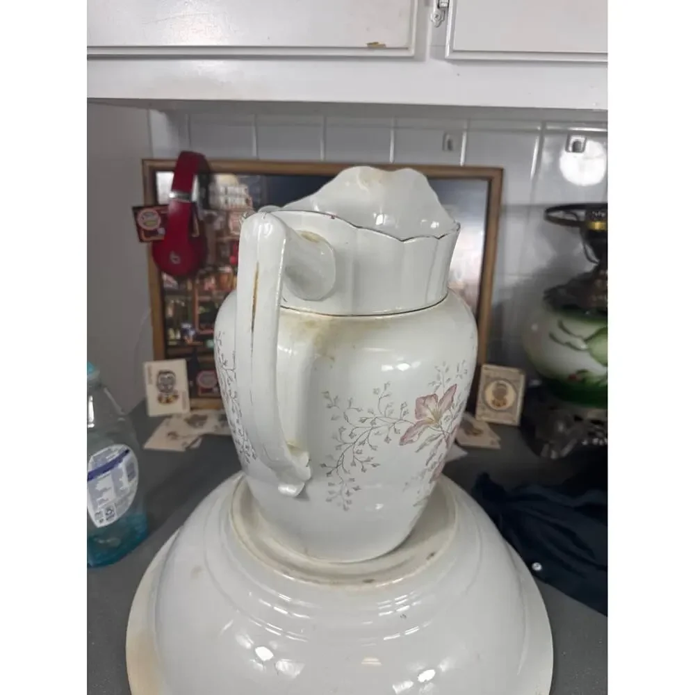Late 1800s Vintage O.P. Co Ironstone Wash Basin & Pitcher Set Floral Gold